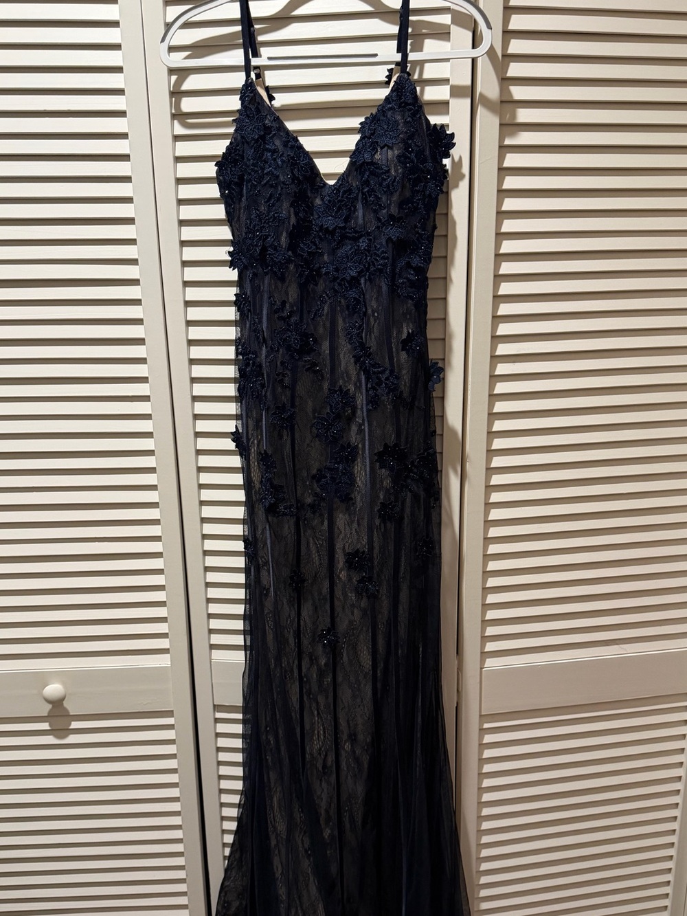 XSCAPE Navy Nude Lace Mermaid Gown